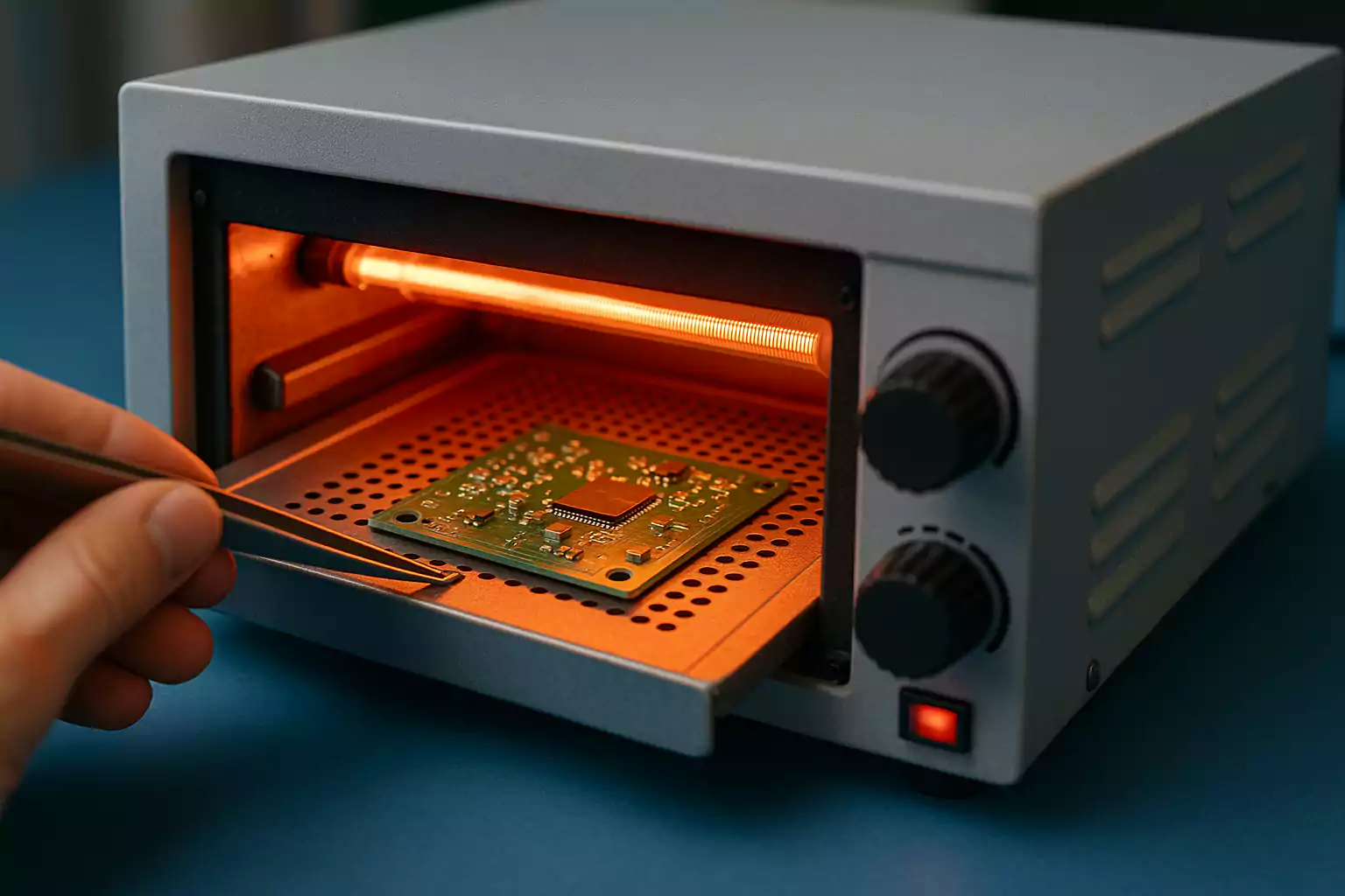 PCB being soldered inside a desktop reflow oven