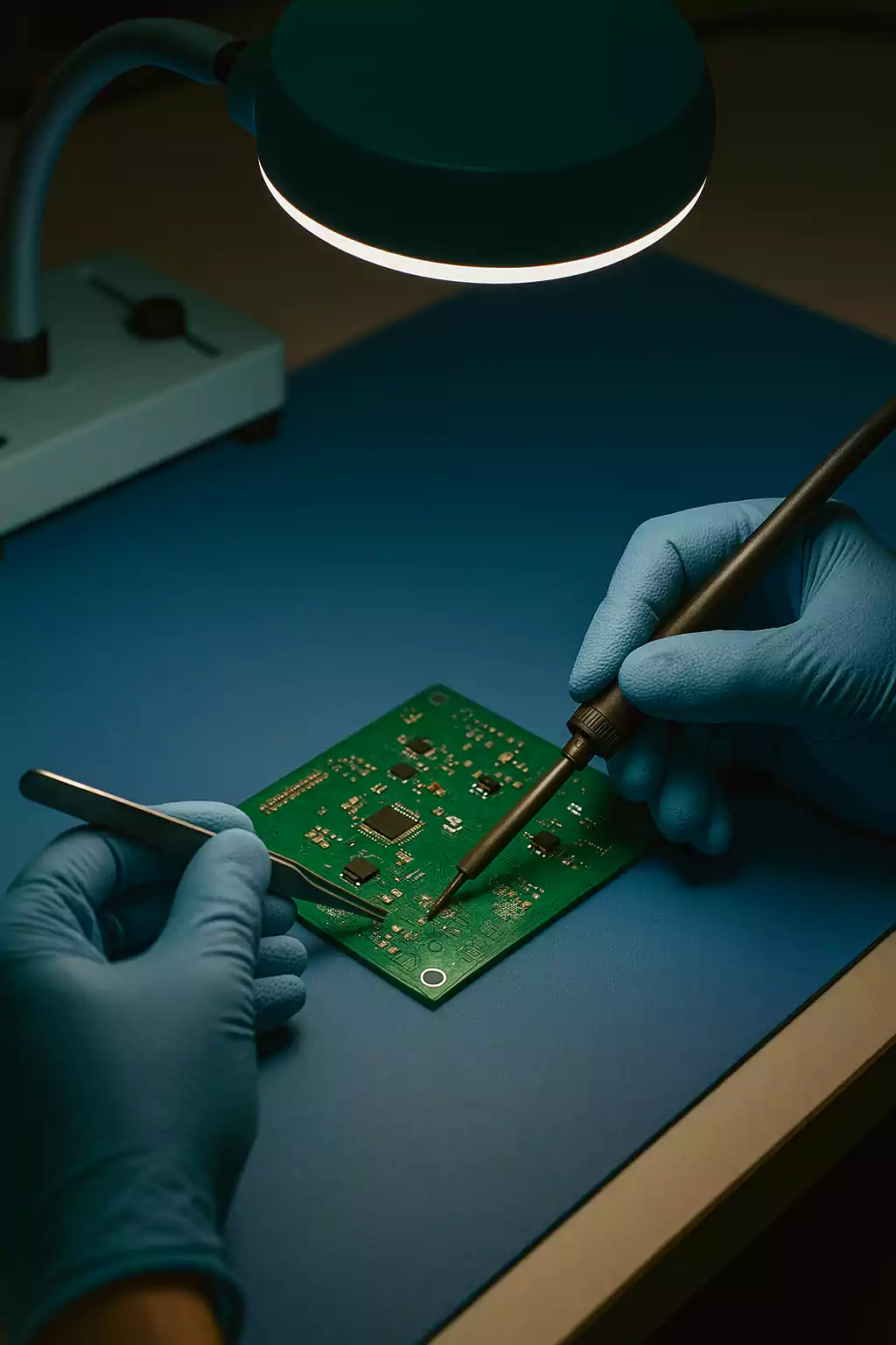 Technician assembling a PCB under a magnifying lamp using tweezers and a soldering iron