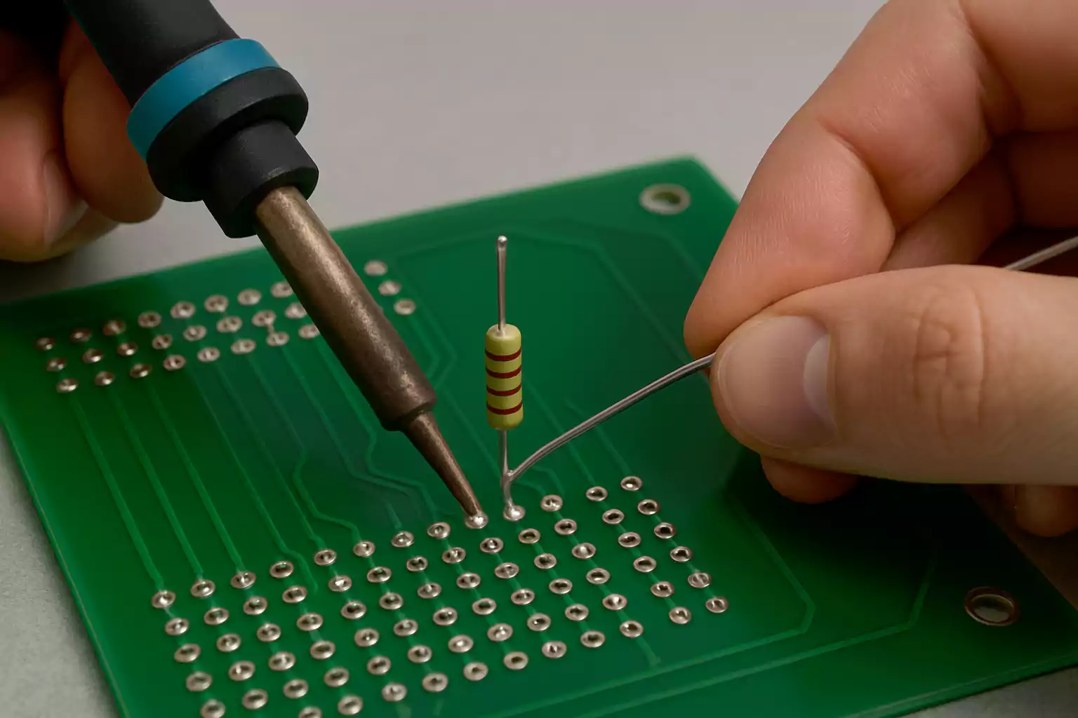 Hand soldering a resistor onto a PCB
