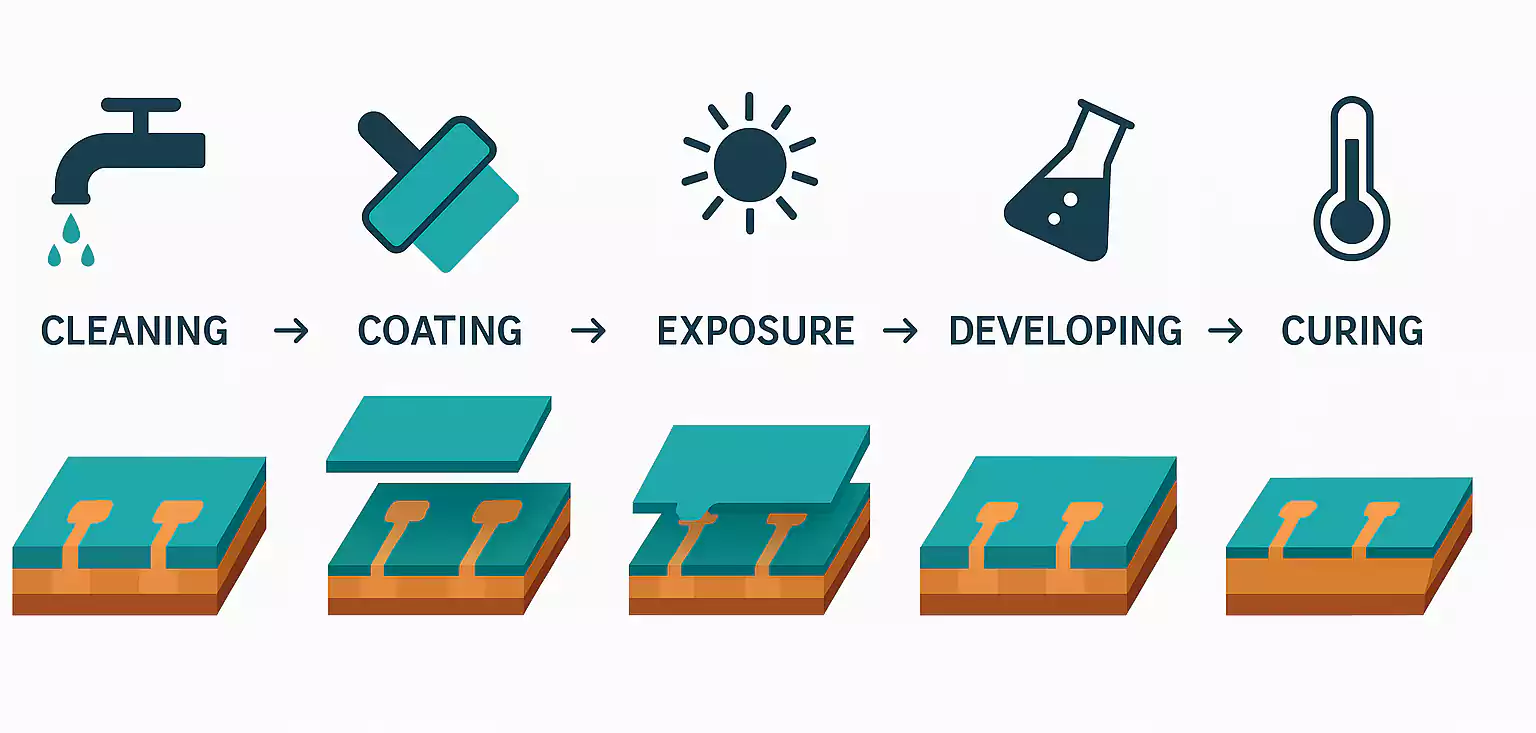 Illustration of the PCB solder mask process: cleaning, coating, exposure, developing, and curing