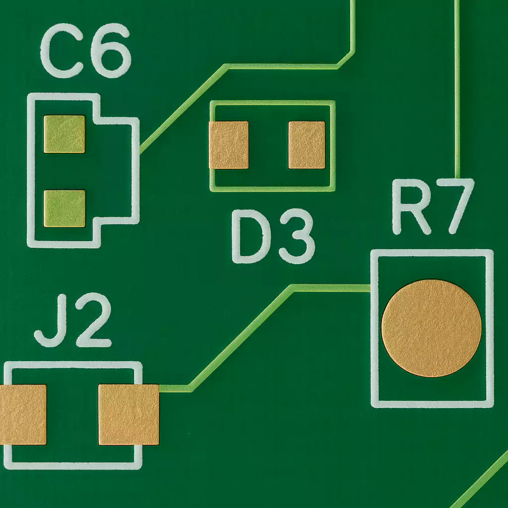 Close-up of silkscreen component labels and copper pads on a green PCB