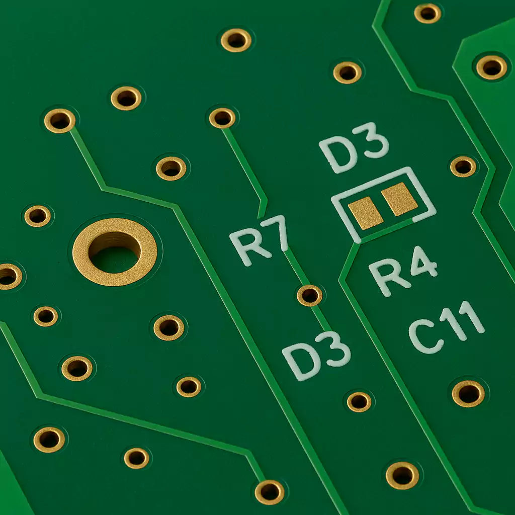 Close-up of green PCB with solder mask, copper pads, and silkscreen labels