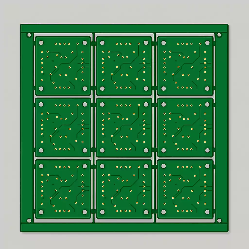 3x3 PCB array layout with edge rails and tooling holes