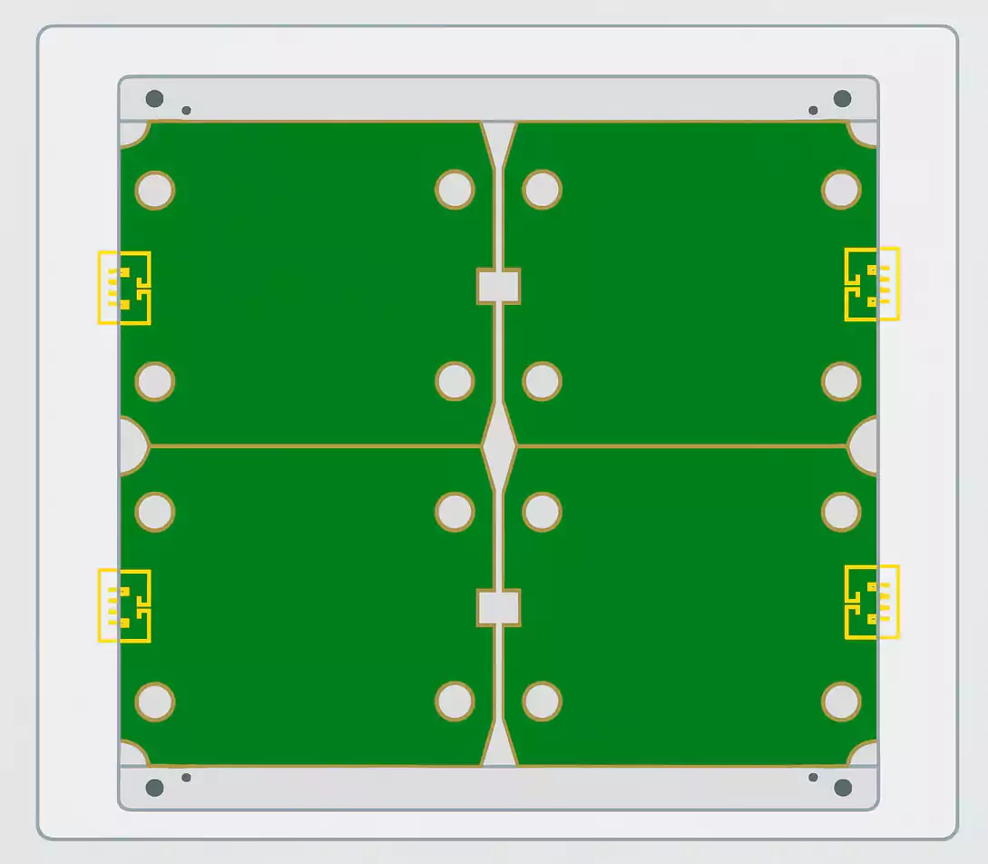 Top view of a PCB panel using V-scoring lines for rectangular boards