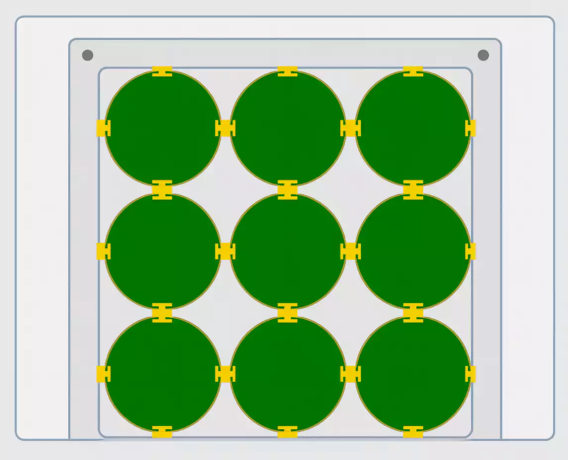 Circular PCB array connected with tab-routing bridges inside a panel