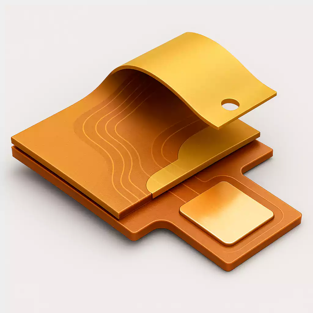 Cross-sectional view of a single-sided flexible PCB showing copper, adhesive, and polyimide layers
