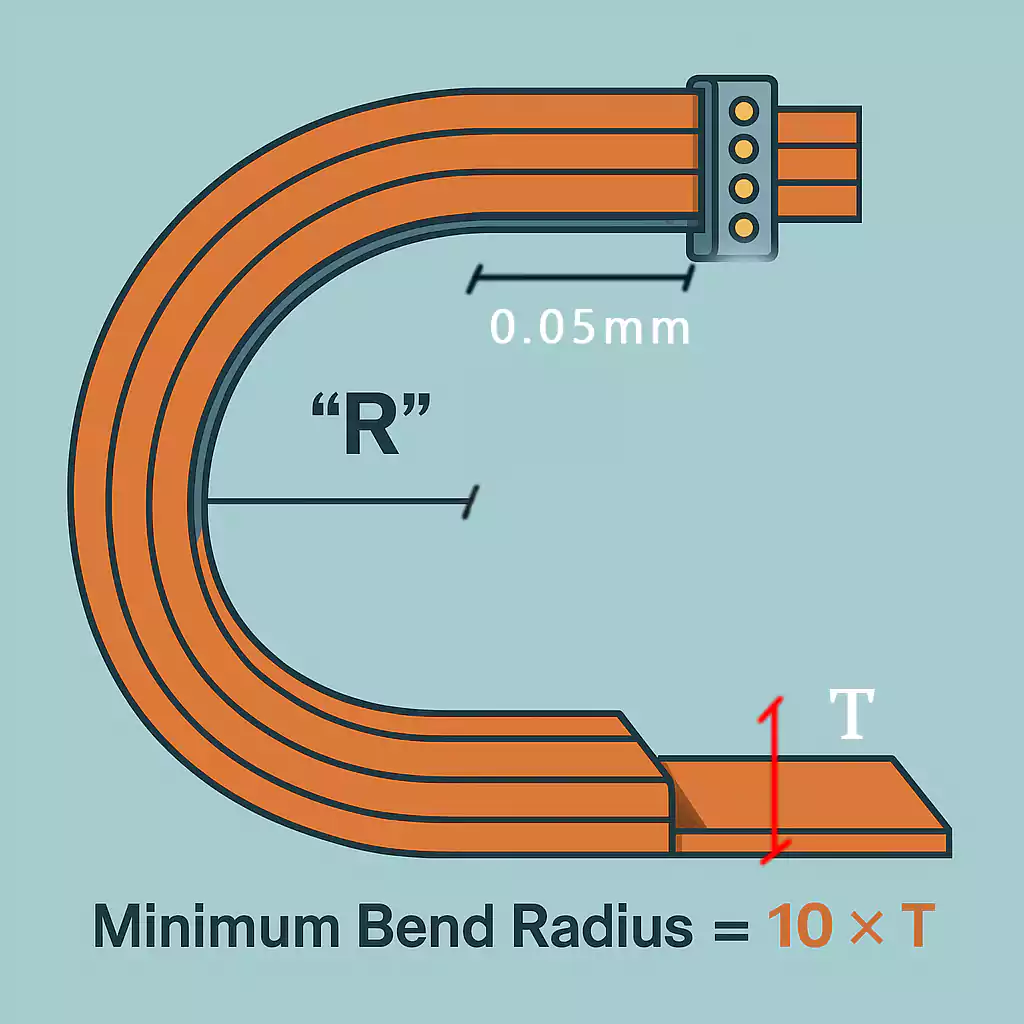 Diagram showing minimum bend radius of a flex PCB with plated through-holes