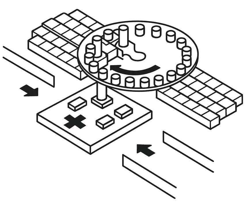 Line drawing of turret-type SMT pick-and-place machine with rotating head and moving PCB