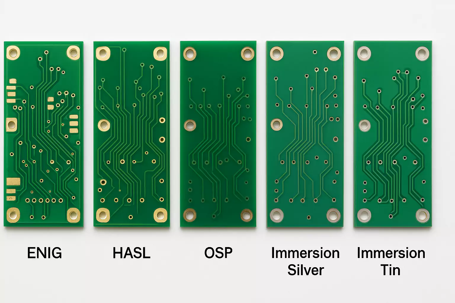 Fünf Leiterplatten mit unterschiedlichen Oberflächenveredelungen: ENIG, HASL, OSP, Immersion Silver und Immersion Tin