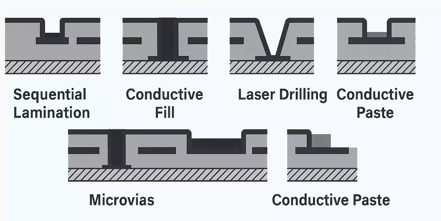 HDI PCB microvia fabrication techniques like laser drilling and sequential lamination