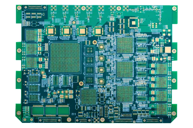 Close-up view of a high-density interconnect (HDI) PCB with fine-pitch component