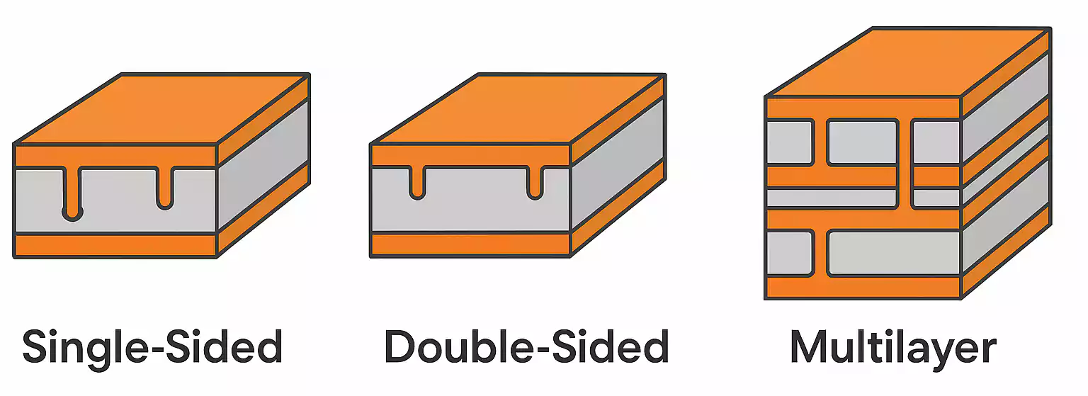 Cross-section diagram showing single-sided, double-sided, and multilayer PCB structures