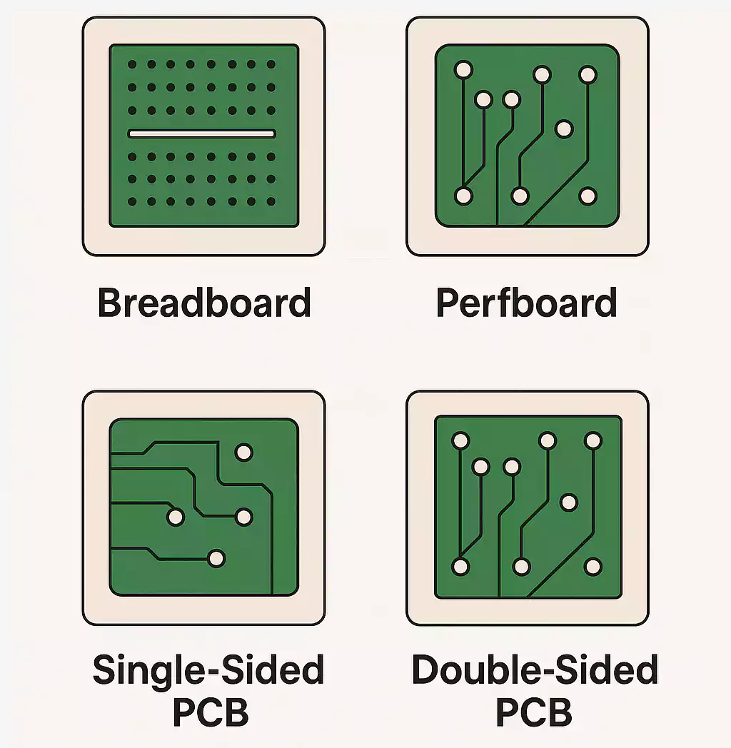 Grid of PCB prototype types including breadboard, perfboard, single-sided, and double-sided PCBs