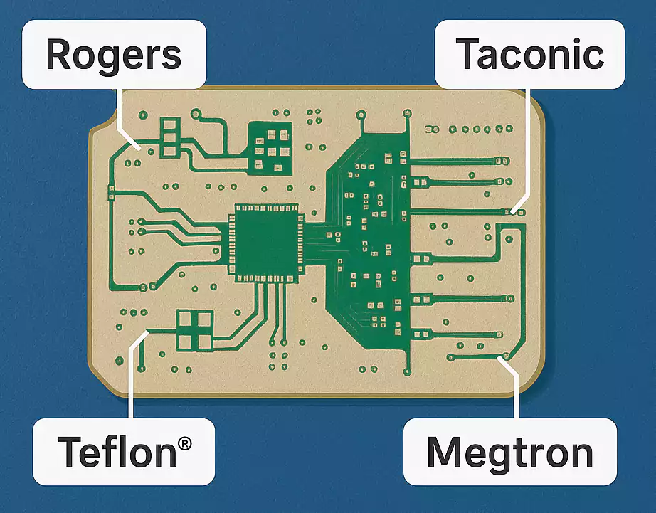 Infographic showing Rogers, Taconic, Teflon, and Megtron PCB materials
