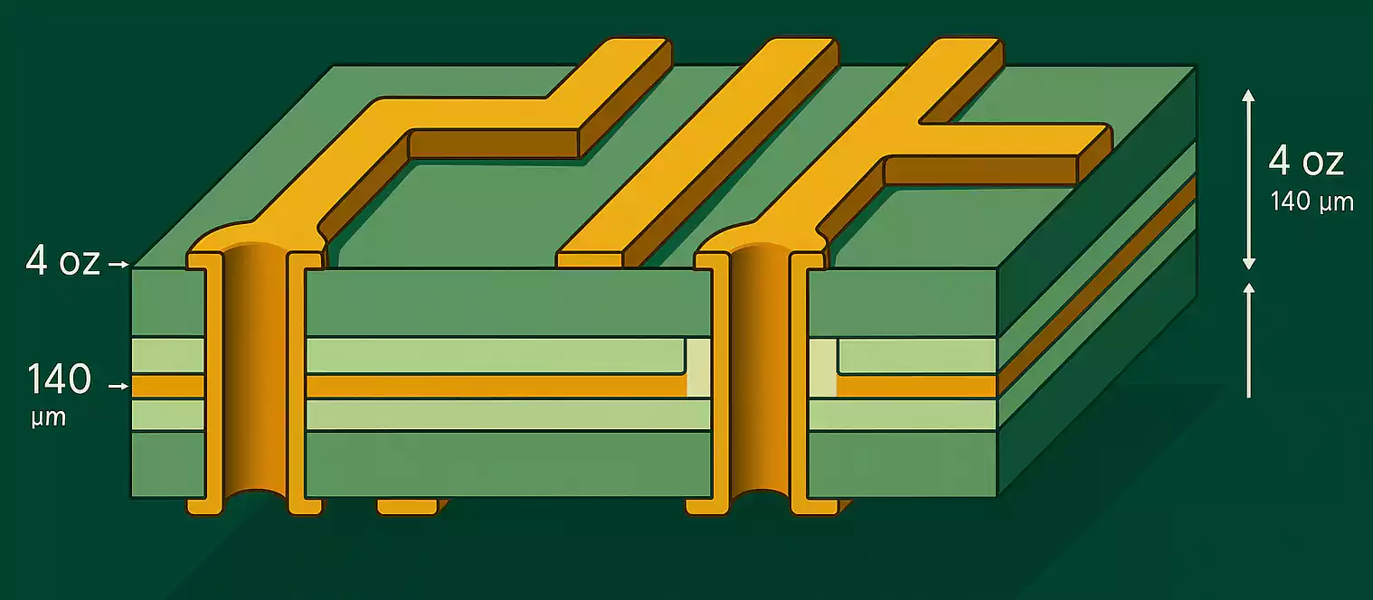 Cross-section diagram of a thick copper PCB showing 4 oz layers