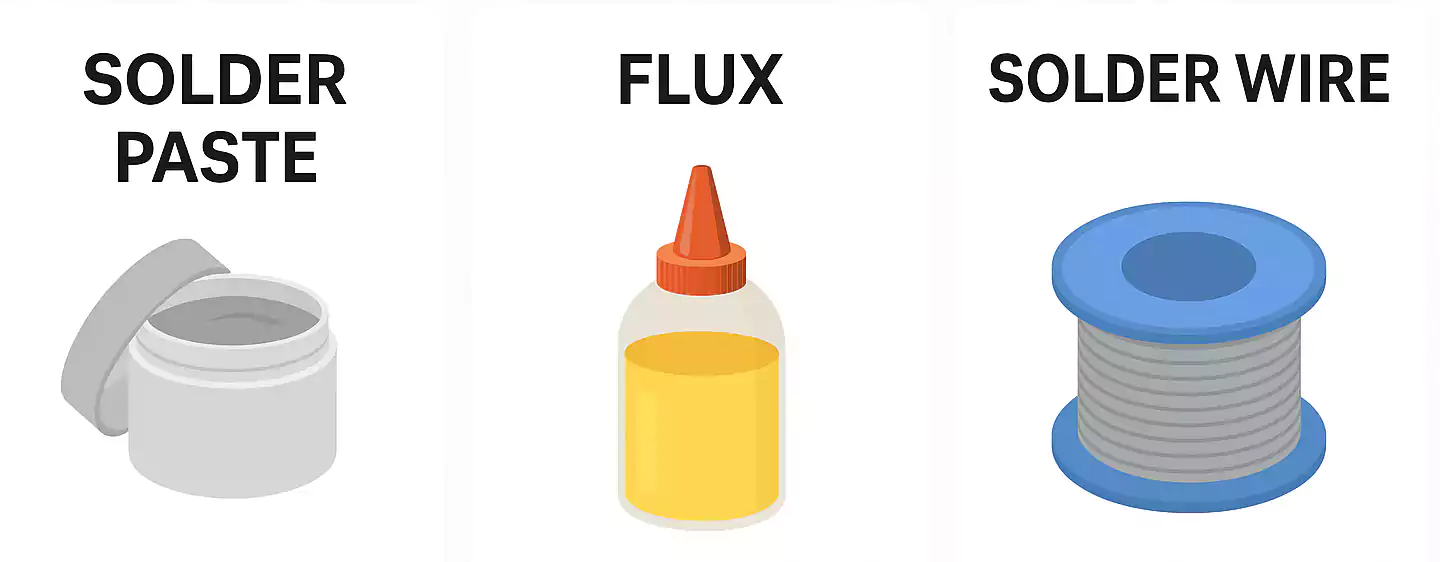 Visual guide showing solder paste, flux, and solder wire with simple descriptions
