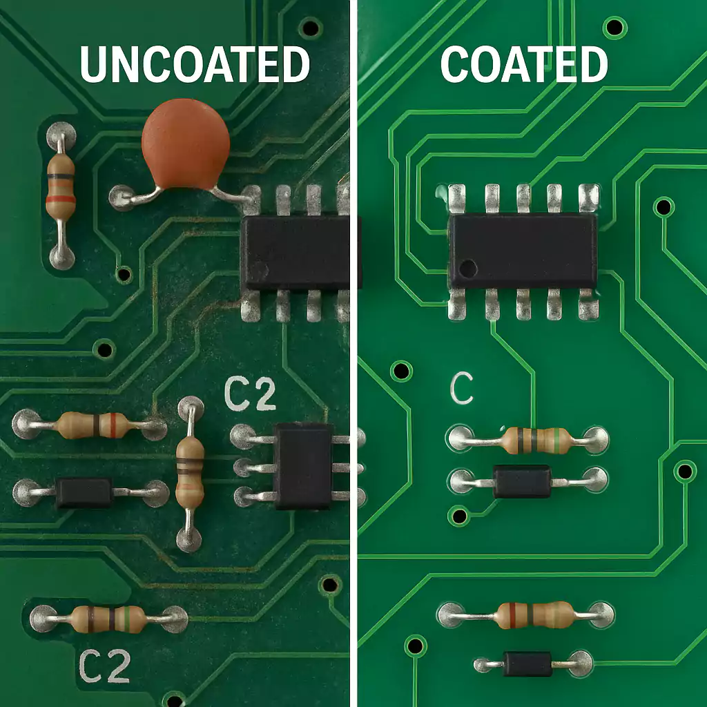 Side-by-side comparison of uncoated and conformal-coated PCBs