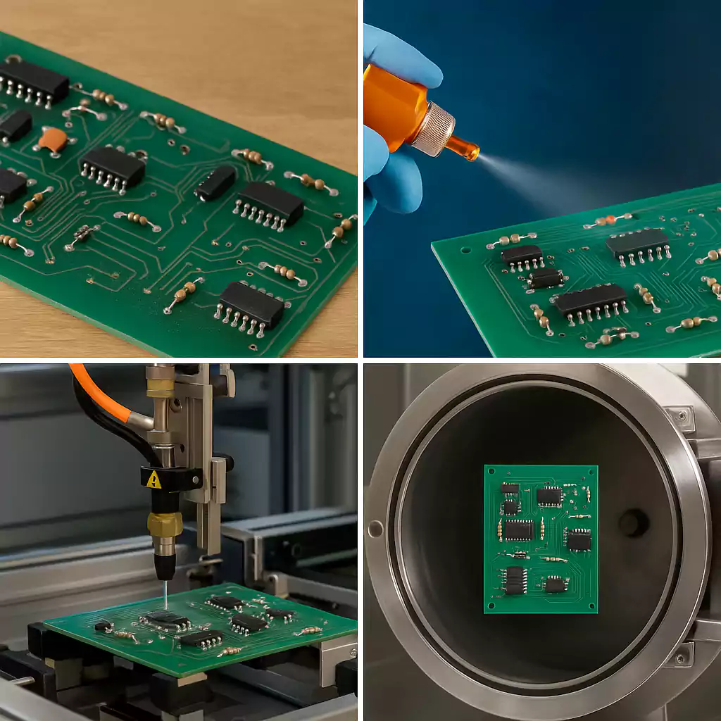 Four common PCB conformal coating methods: brushing, spraying, selective coating, parylene