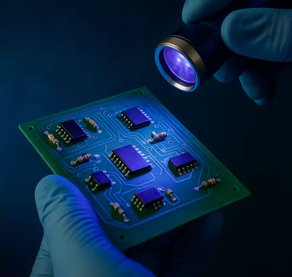 Technician inspecting conformal-coated PCB under UV light