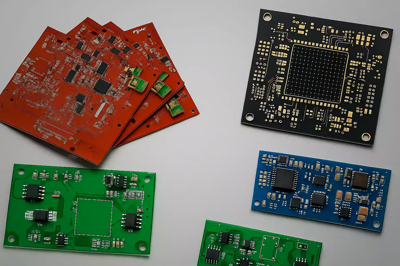 Top view of red, green, and blue PCBs with components