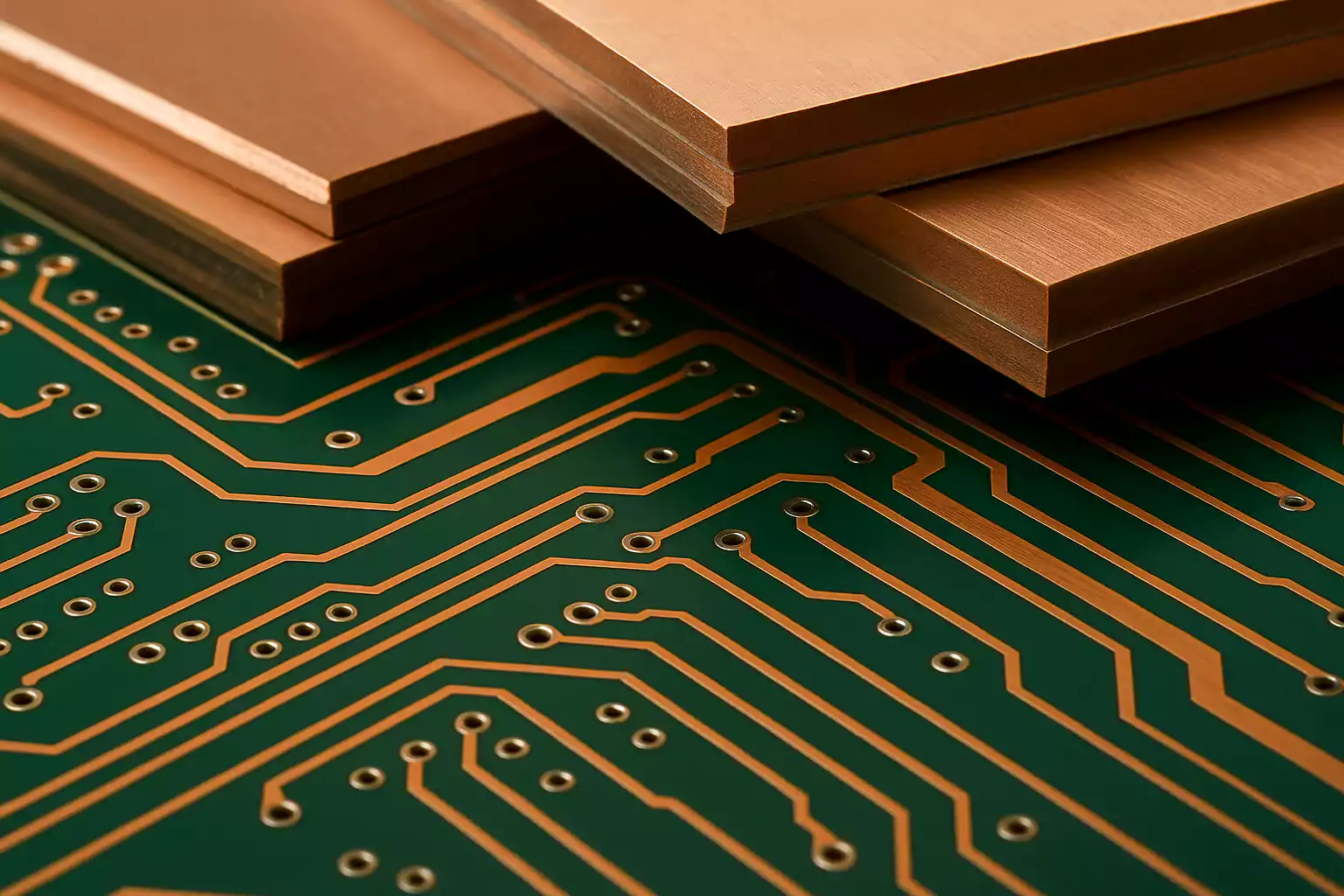 Close-up view of copper clad laminate in an industrial PCB fabrication environment