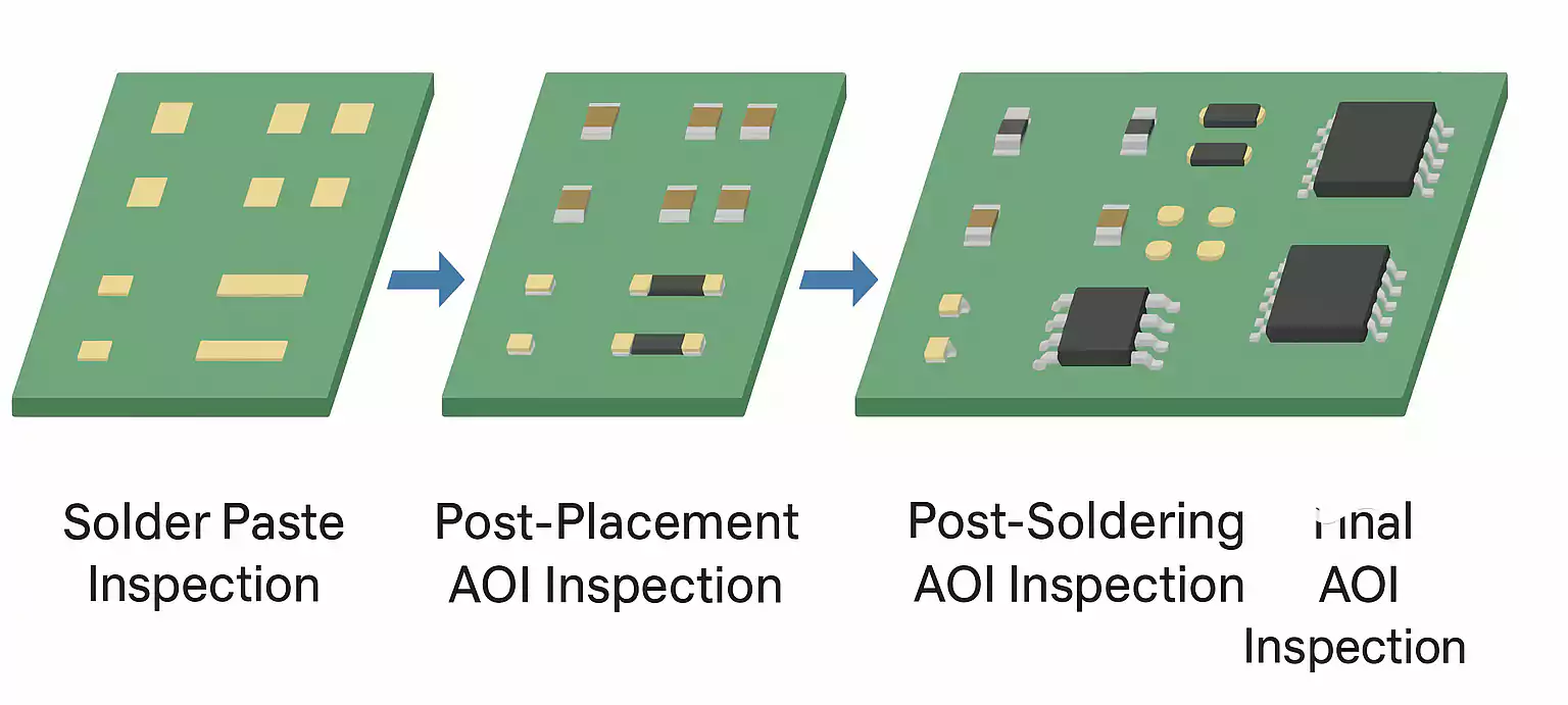 AOI inspection stages in PCB assembly from solder paste to final check