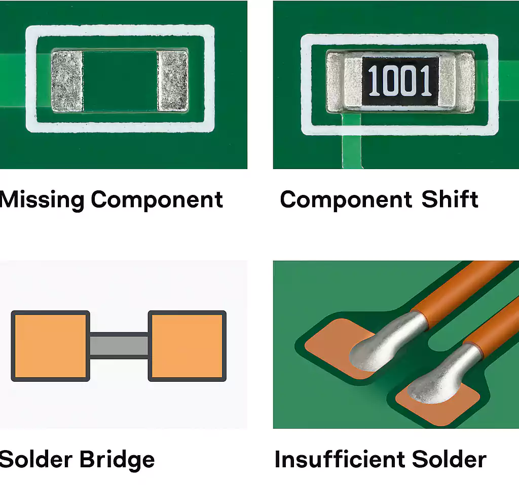 Examples of PCB defects detected by AOI: missing component, shift, solder bridge, insufficient solder