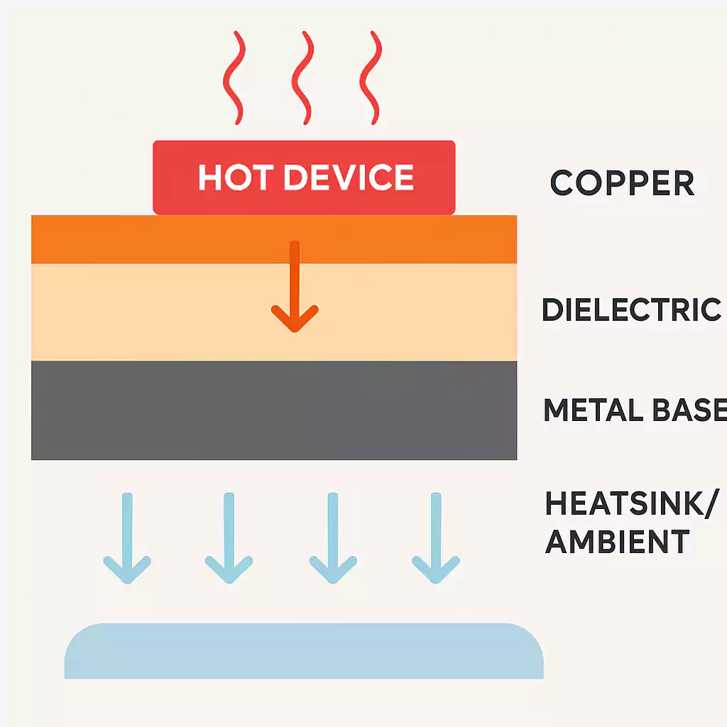 Layered structure of MCPCB with copper, dielectric, and metal base