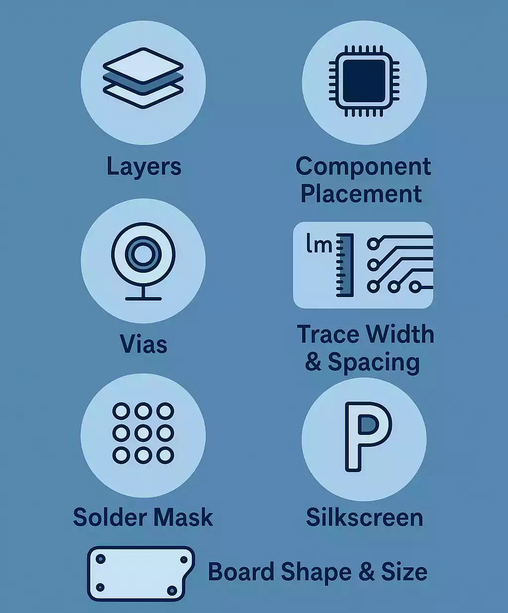 Infographic showing key PCB design considerations like layers, vias, and solder mask