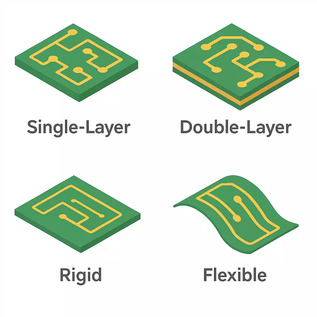 Illustration of single-layer, double-layer, rigid, and flexible PCB types