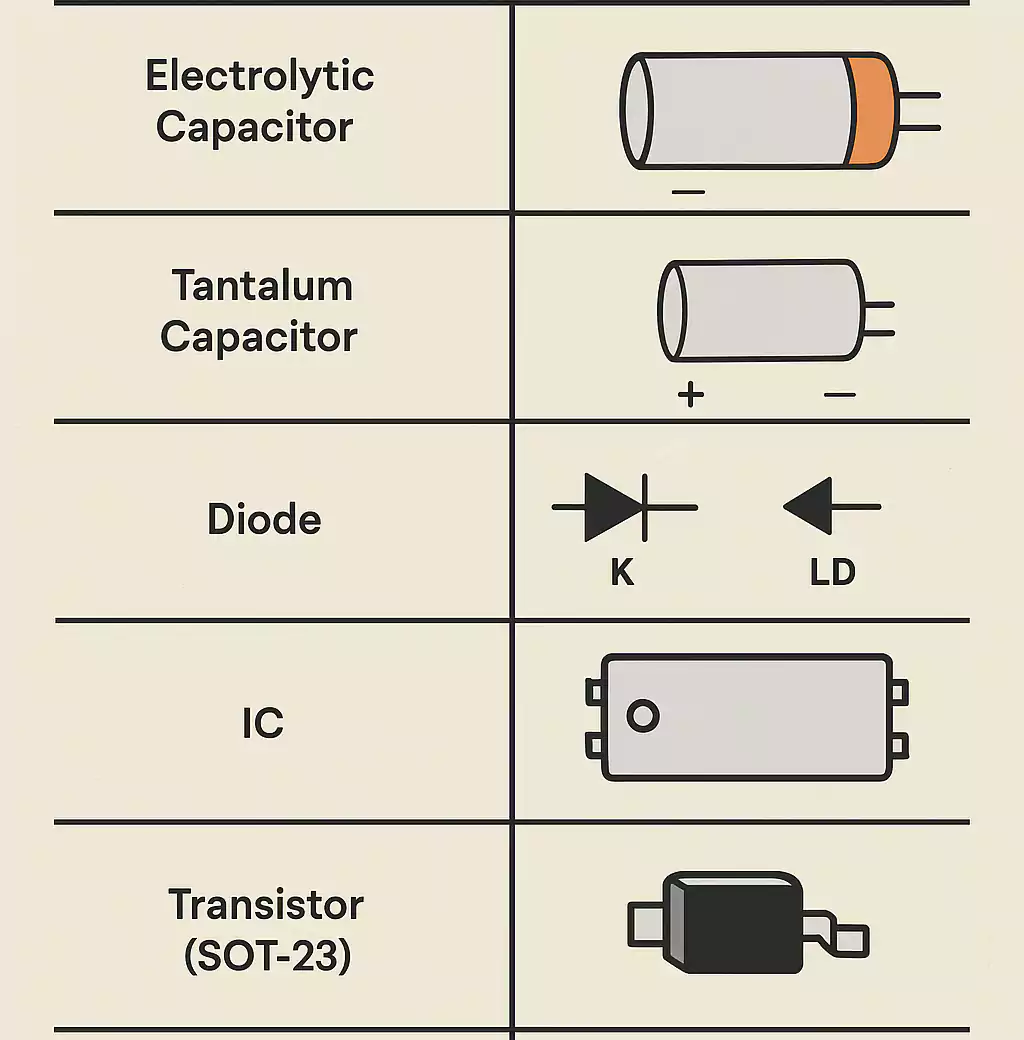 Polarity and Pin-1 orientation chart for capacitors, diodes, ICs, and transistors
