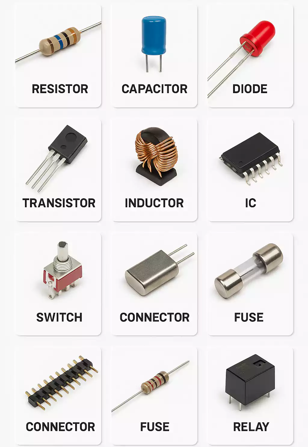 Photo grid of 12 common PCB components with labels