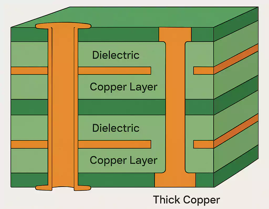 Cross-sectional view of PCB stackup with thick copper layers and thermal vias