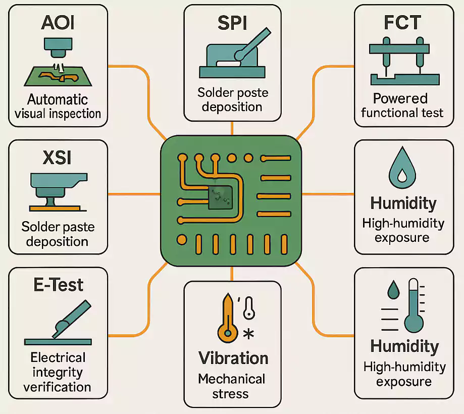 Infographic showing various quality and reliability tests for industrial PCBs like AOI, X-ray, and vibration