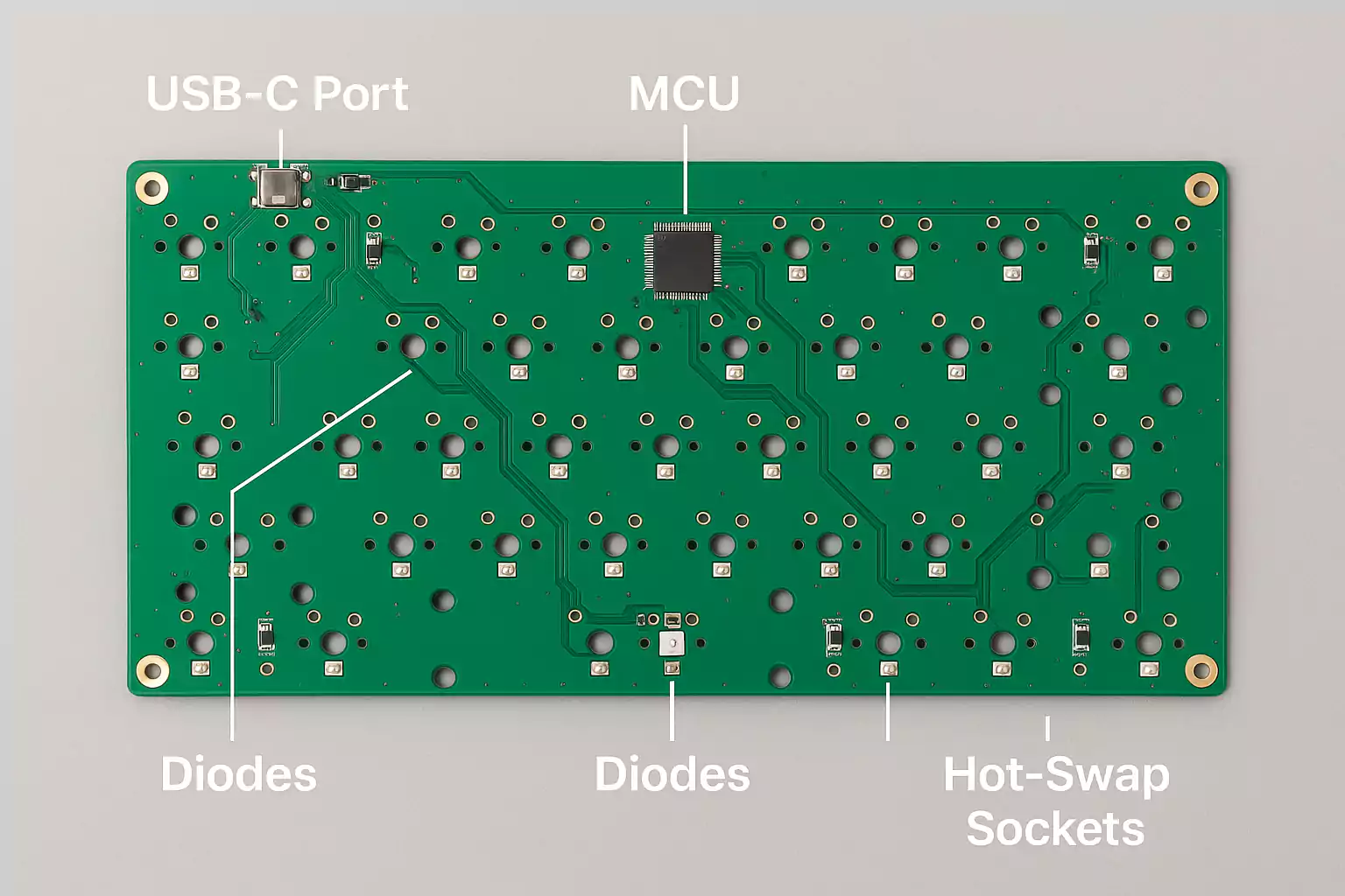 Top view of a mechanical keyboard PCB showing USB-C port, MCU, diodes, and hot-swap sockets