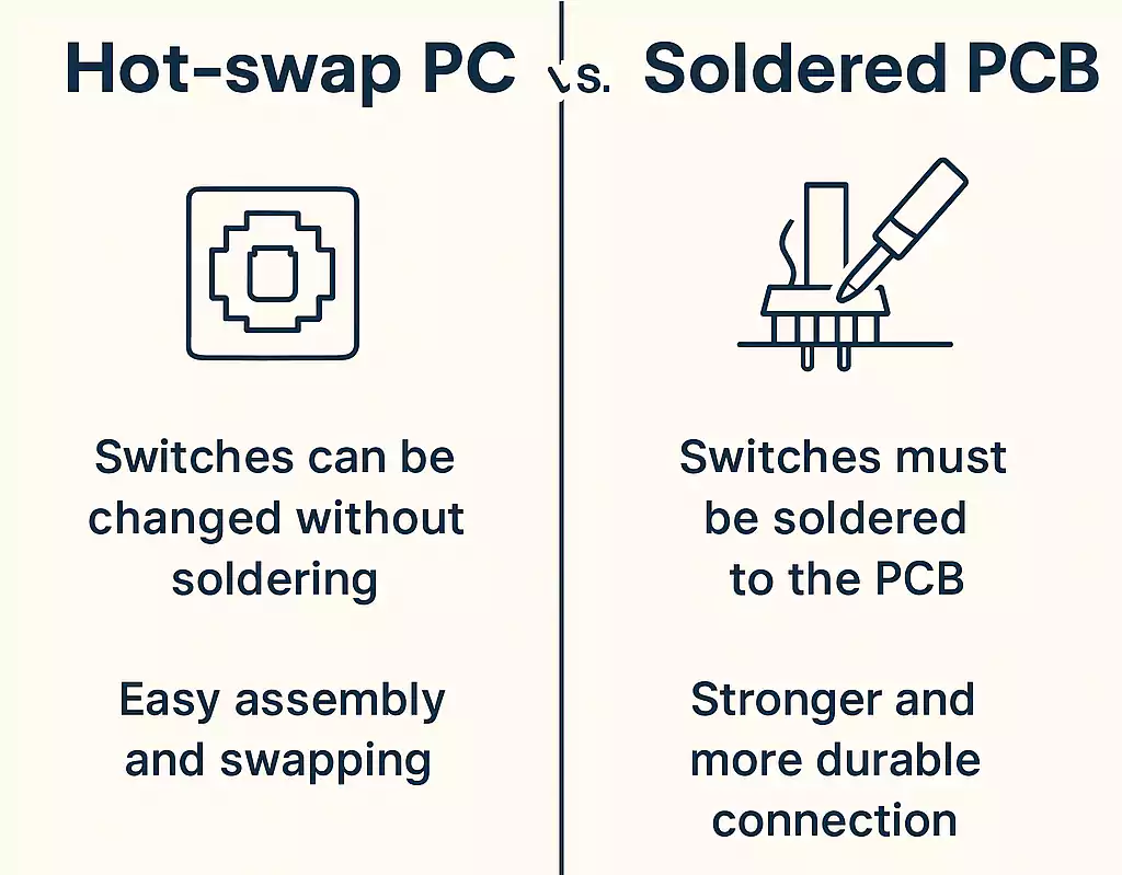 Infographic comparing hot-swap and soldered keyboard PCBs in terms of installation and durability