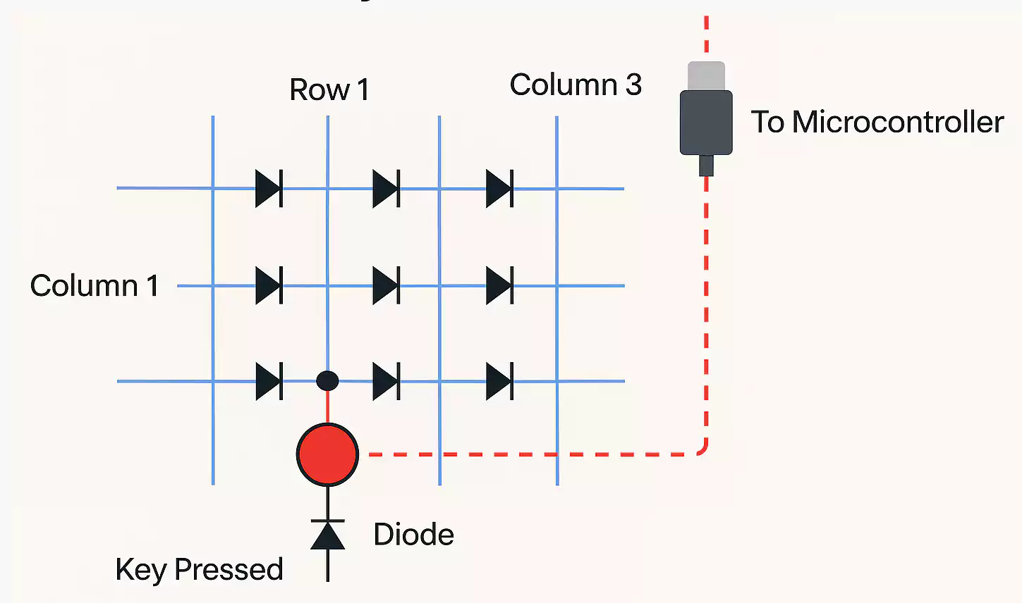 Diagram showing how a key matrix with diodes works on a keyboard PCB