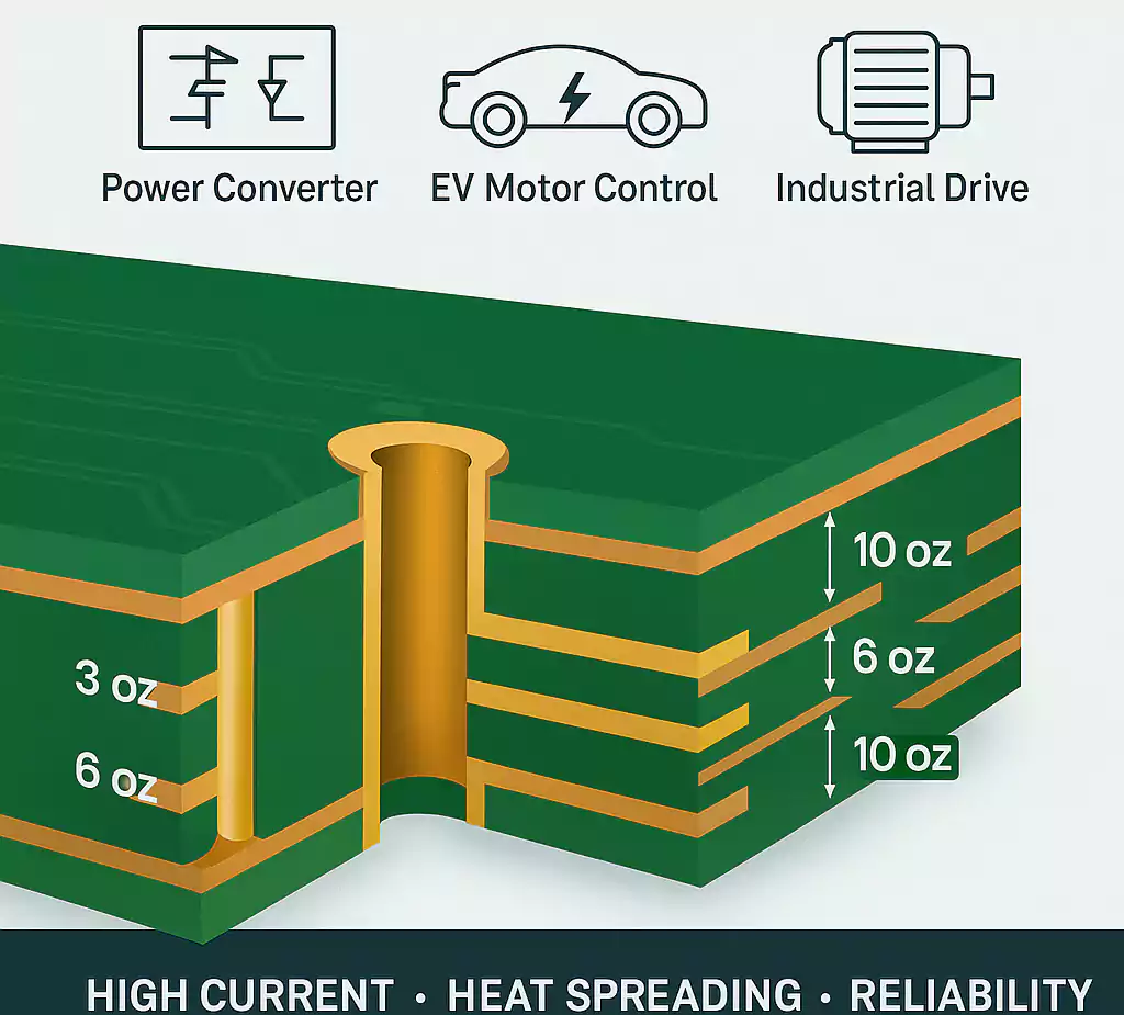 Thick copper PCB cross-section with 3 oz, 6 oz, and 10 oz copper layers and plated via for high-current applications like EV and industrial control