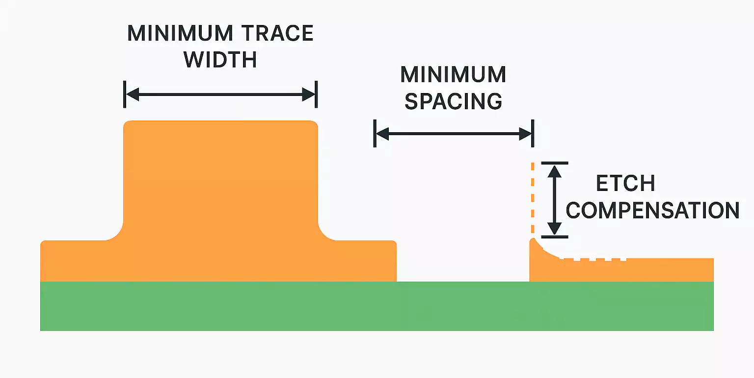 Design rule diagram for thick copper PCB showing minimum trace width, spacing, and etch compensation