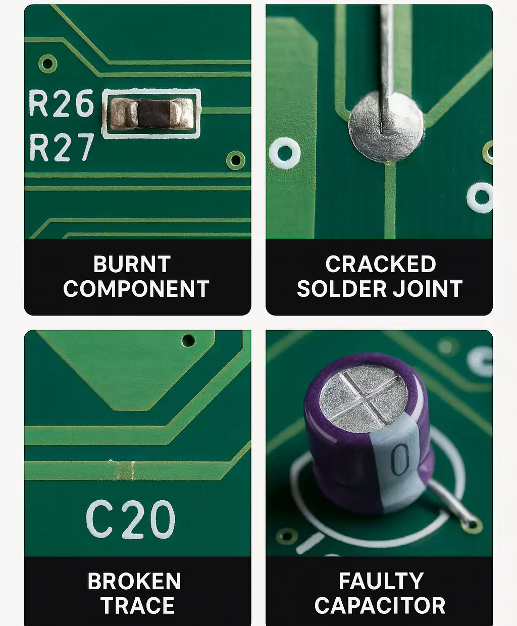 Close-up photos of burnt component, cracked joint, broken trace, and bad capacitor on PCB