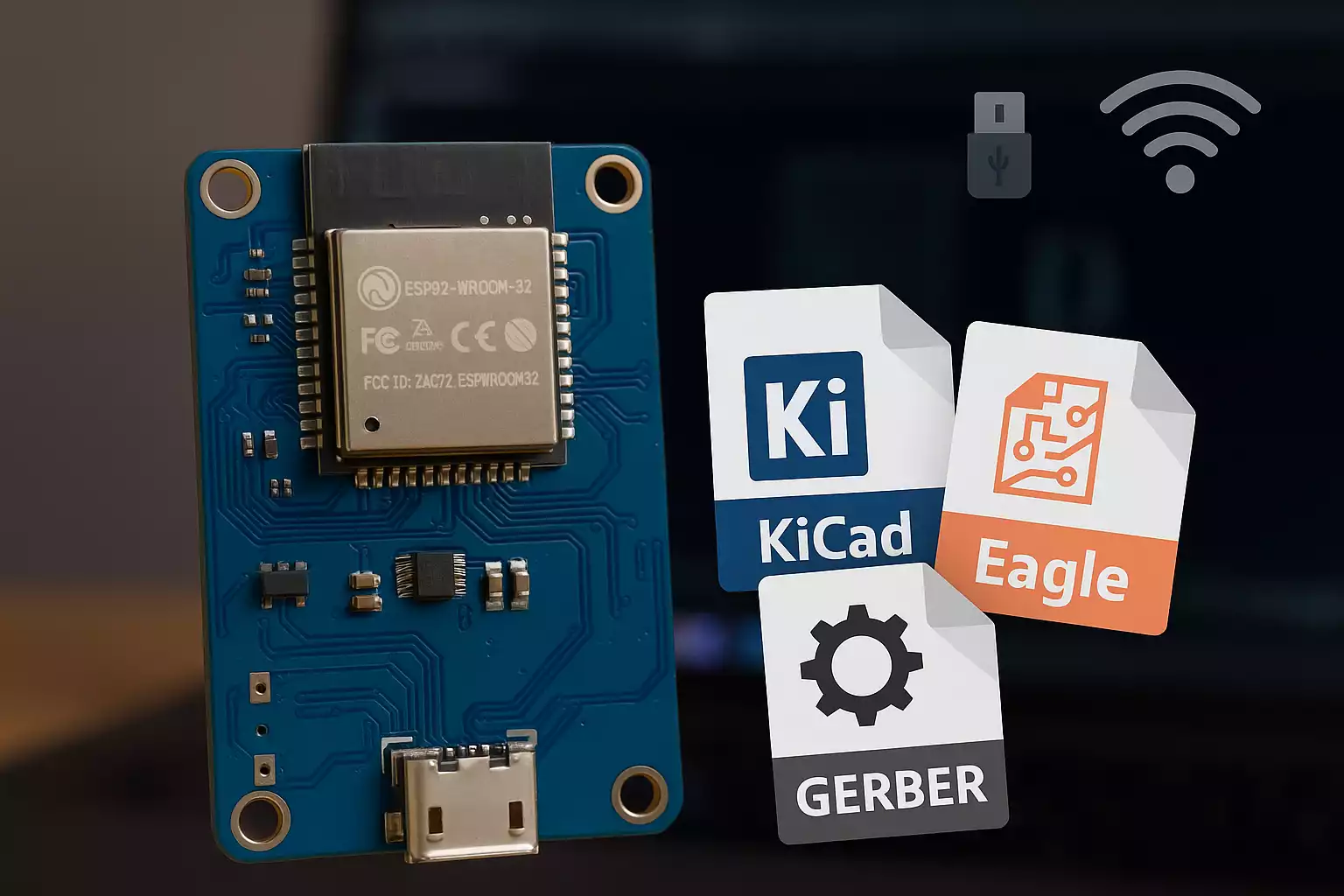 ESP32 module with KiCad, Eagle, and Gerber file icons on screen background