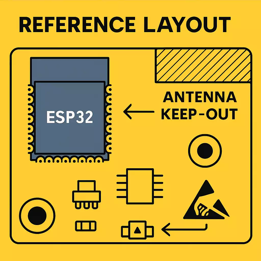 ESP32 reference PCB layout showing antenna keep-out zone, used in quality check section of esp32 pcb file downloads article