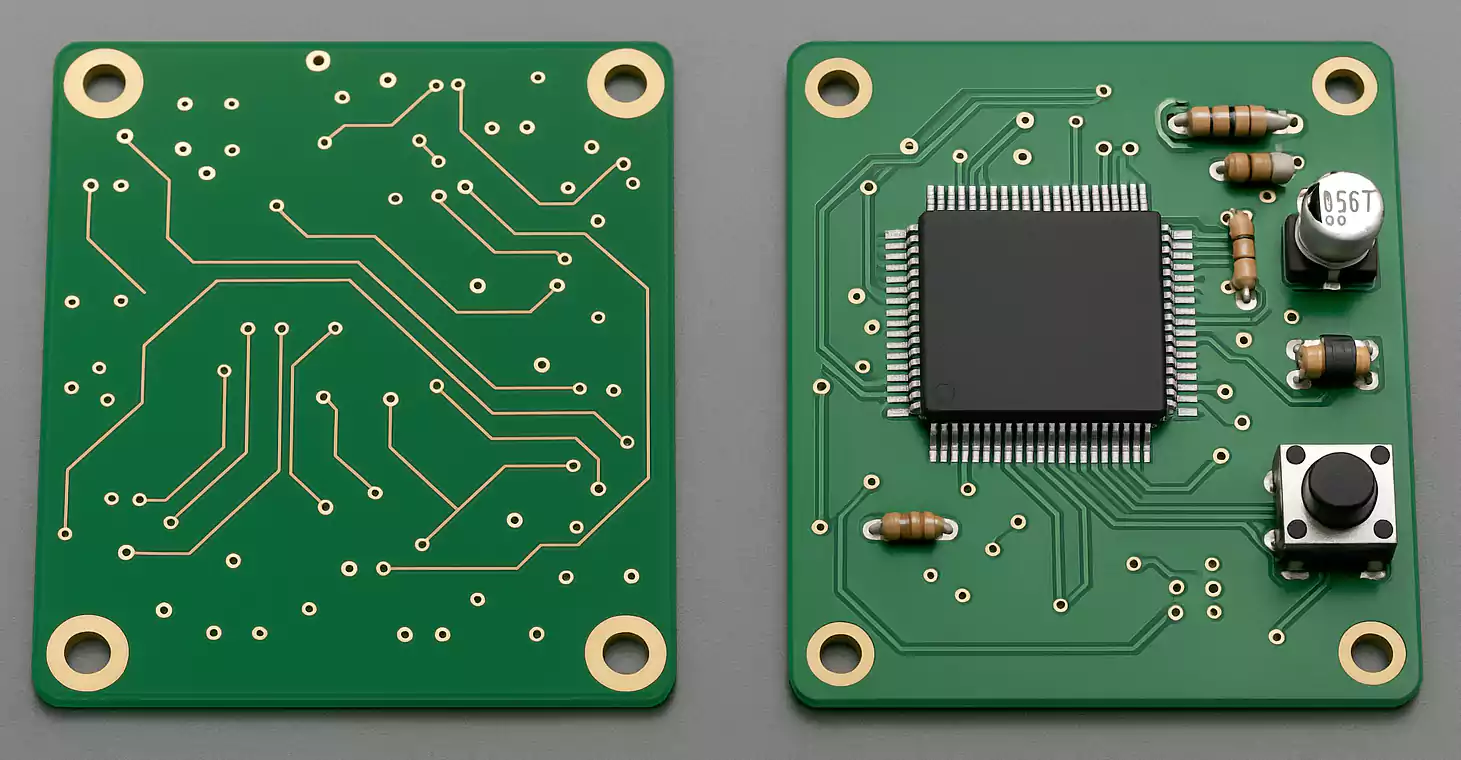 Side-by-side image of bare PCB and zero PCB
