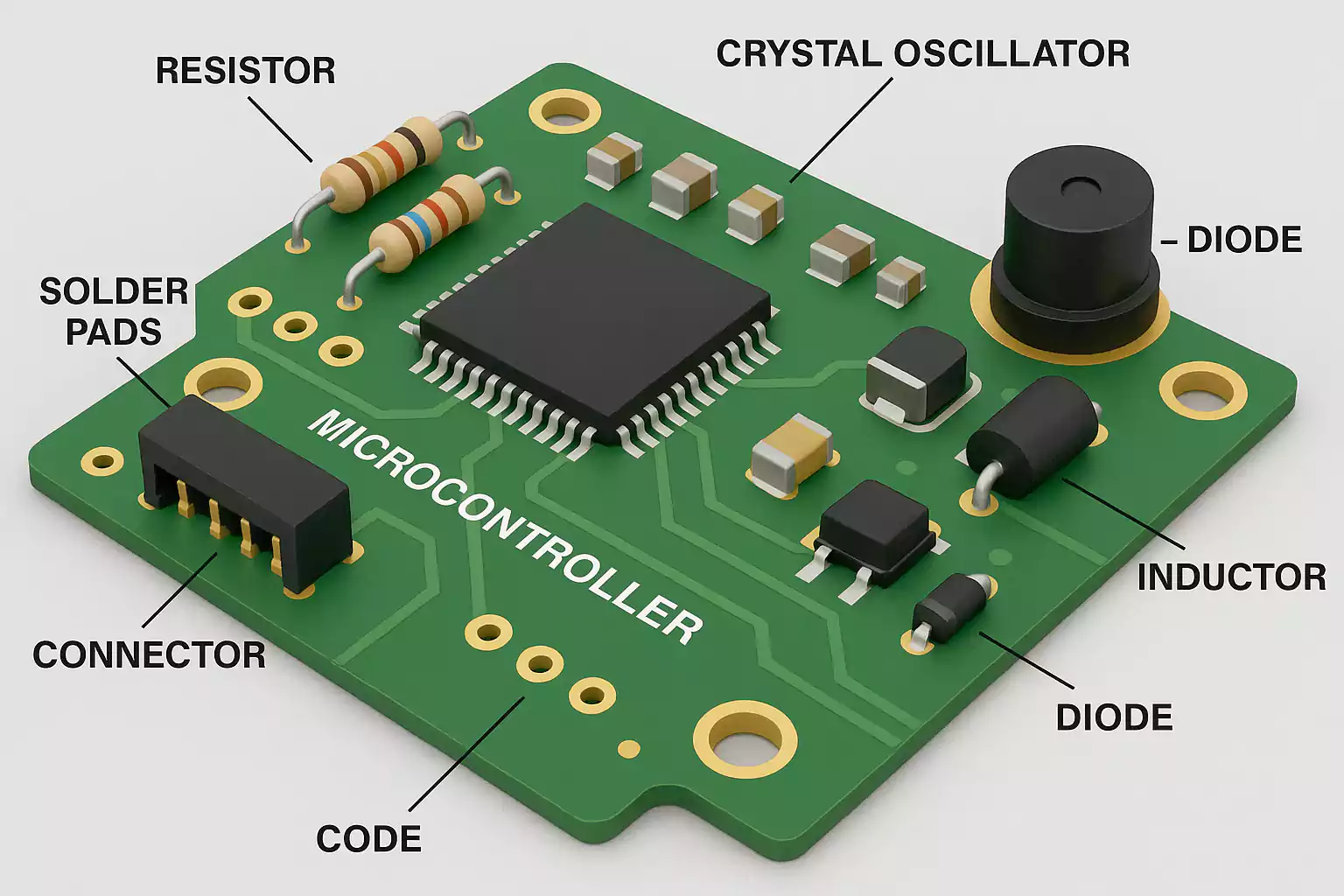 Annotated PCB showing resistors, capacitors, IC, and other components