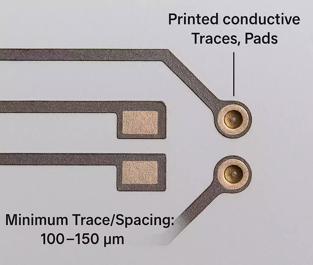 Close-up of printed PCB traces and pads showing 100–150 µm spacing