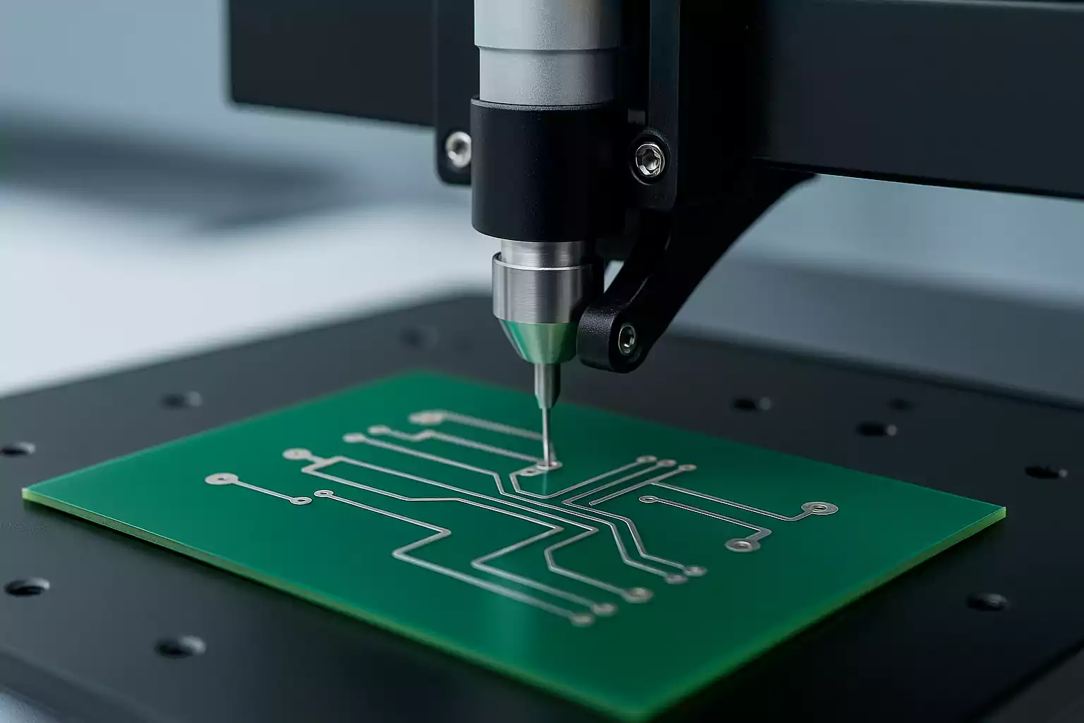 PCB printer depositing conductive ink on a green circuit board