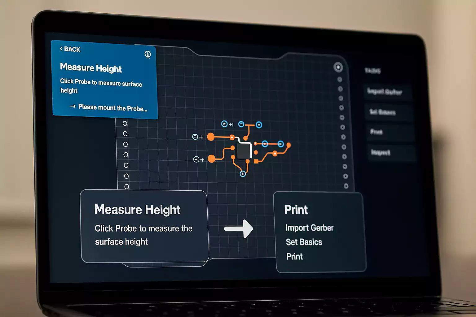 Laptop showing PCB printer software interface with measure height prompt