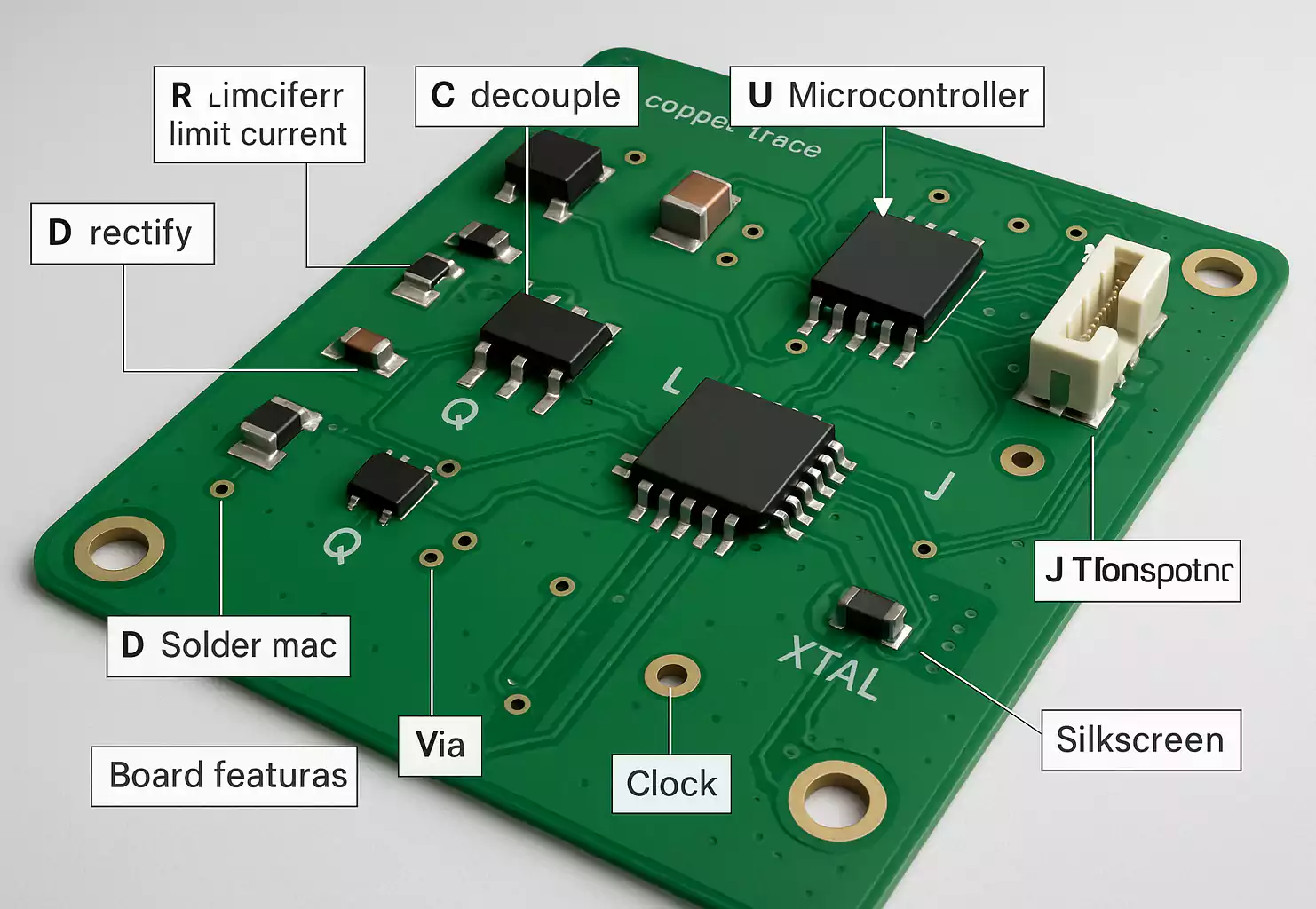 Labeled PCB showing resistors, capacitors, ICs, vias, and silkscreen markings