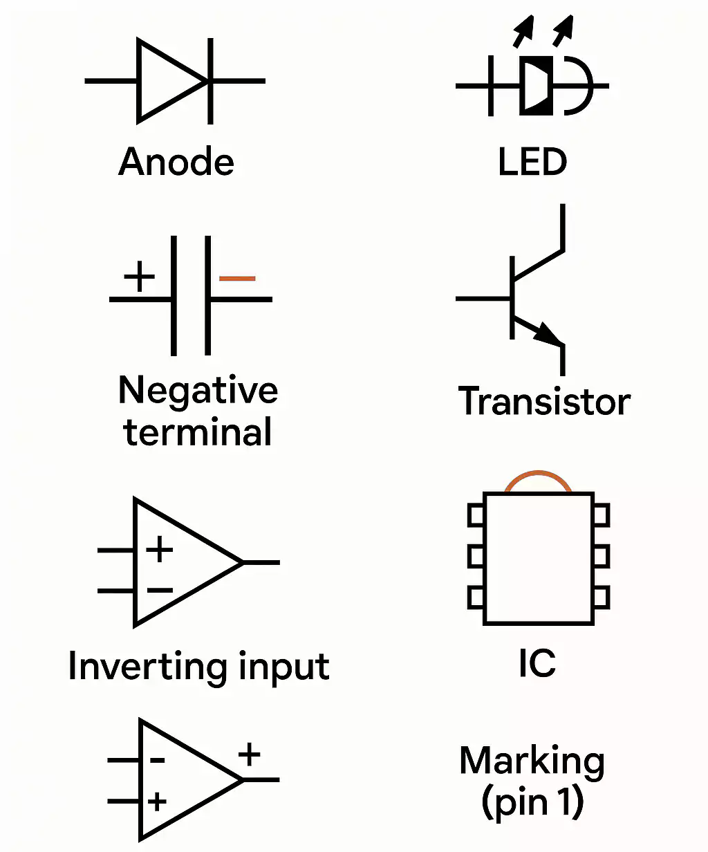Polarity markings for diode, LED, capacitor, transistor, op-amp, and IC pin 1