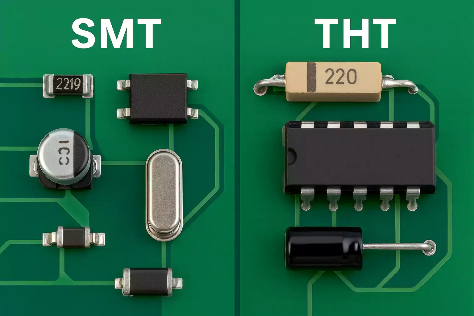 Side-by-side view of SMT and THT components mounted on a PCB